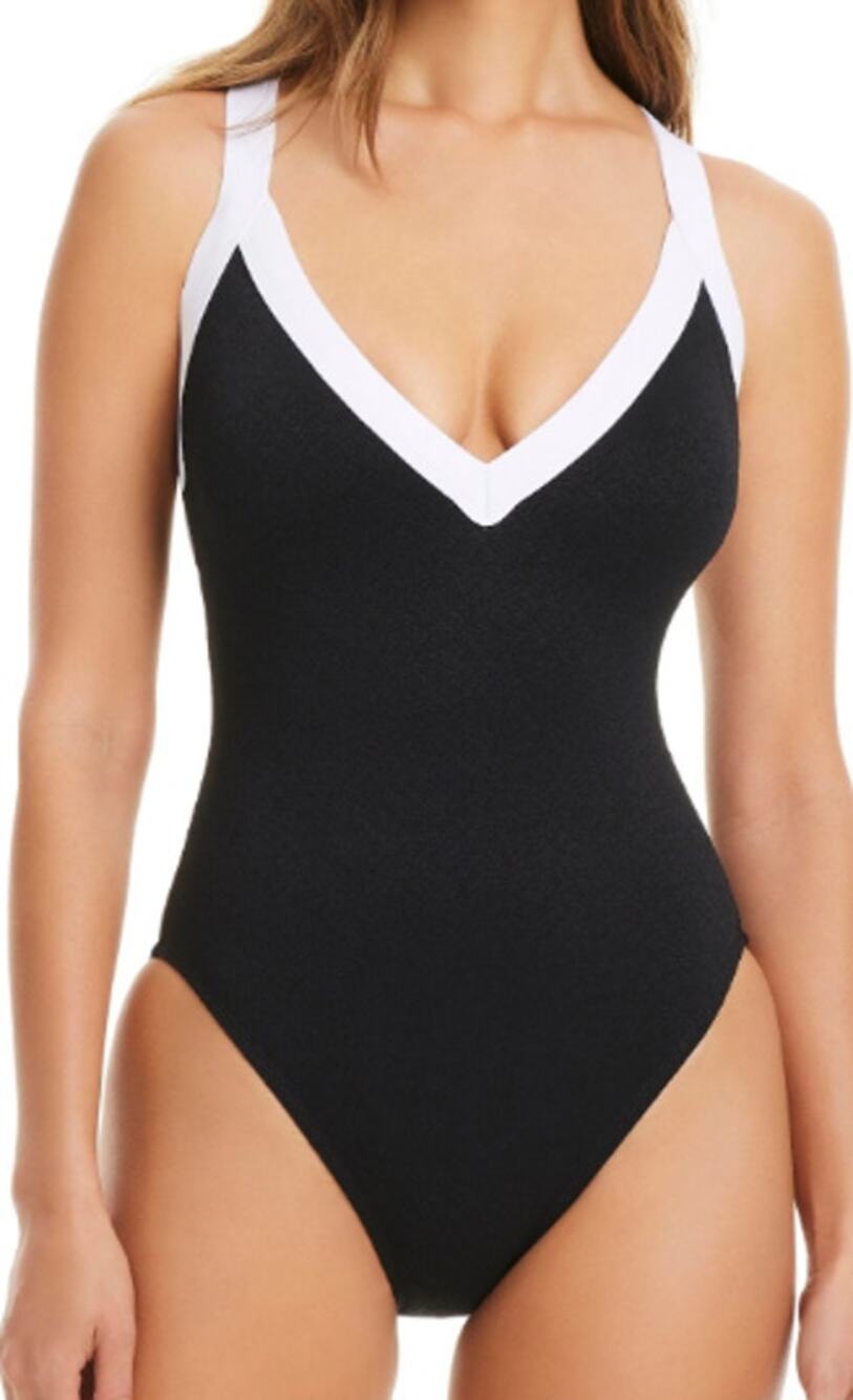 Bleu Rod Beatte I'm With The Band Plunging V-Neck Cross back One Piece Swimsuit